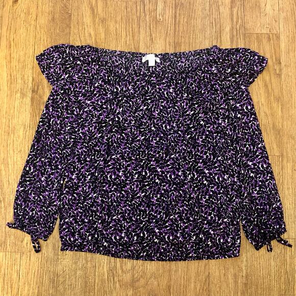 Michael Kors Purple Black White Floral Leaf Long Sleeve Off-The-Shoulder Blouse - Picture 2 of 10